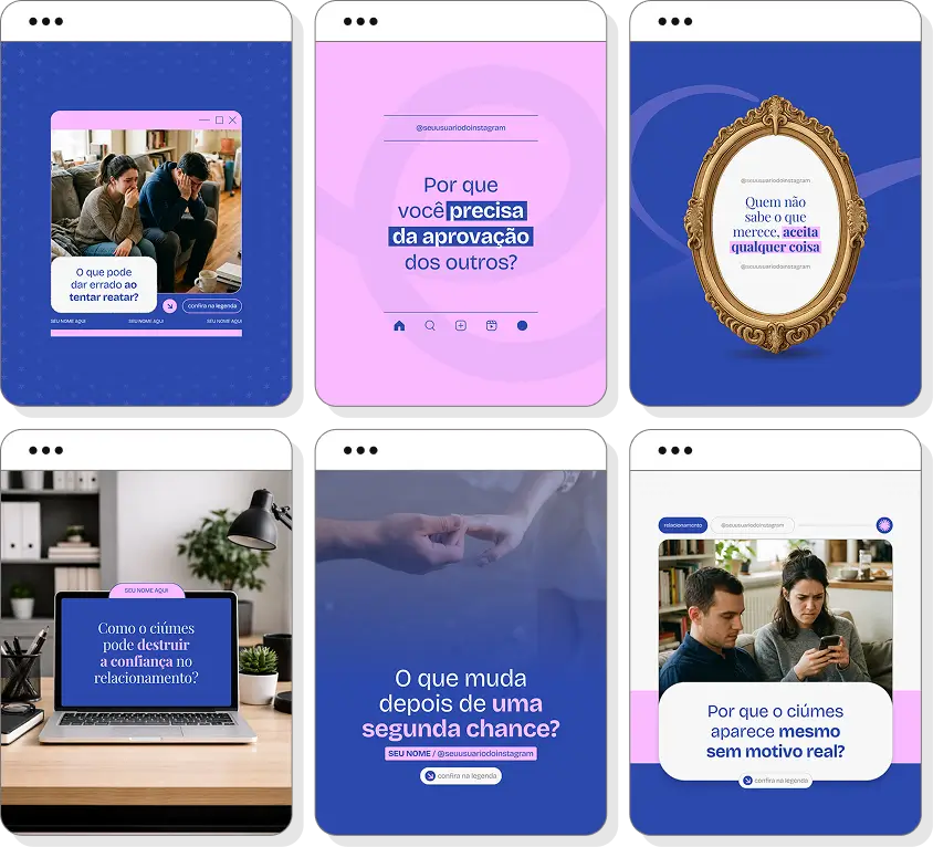 Posts para perfil de psicologia de relacionamento no Instagram com templates Canva sobre comunicação afetiva