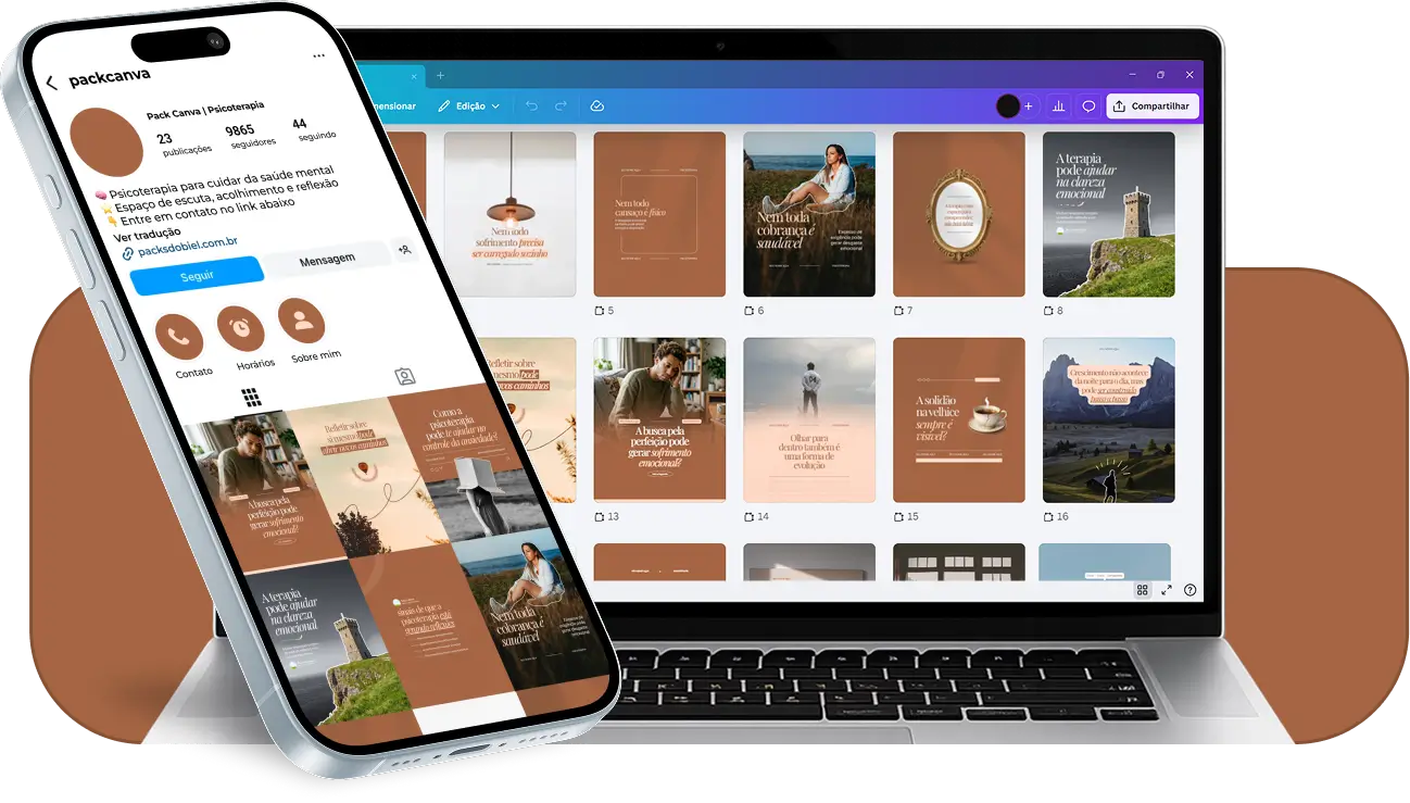 Pack de posts para psicoterapia com templates no Canva para Instagram sobre saúde mental e autoconhecimento