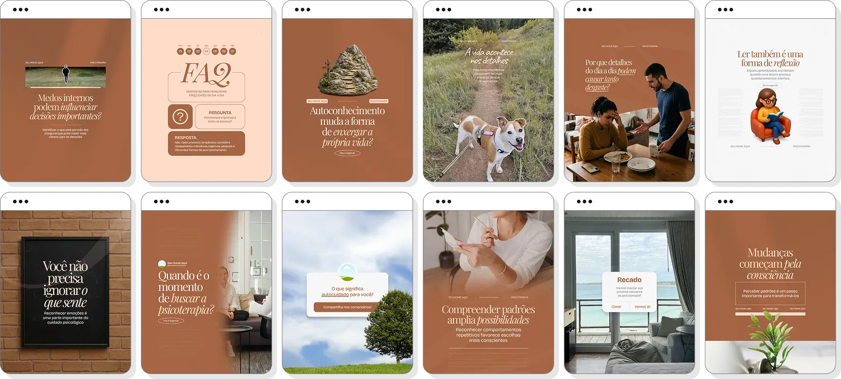 Posts para Instagram psicoterapia com pack Canva editável sobre terapia e autoconhecimento
