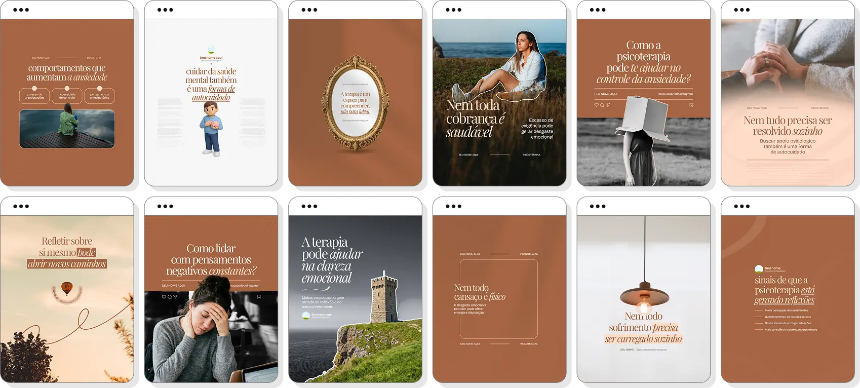 Pack Canva psicoterapia com posts editáveis para Instagram de terapia, emoções e bem-estar emocional