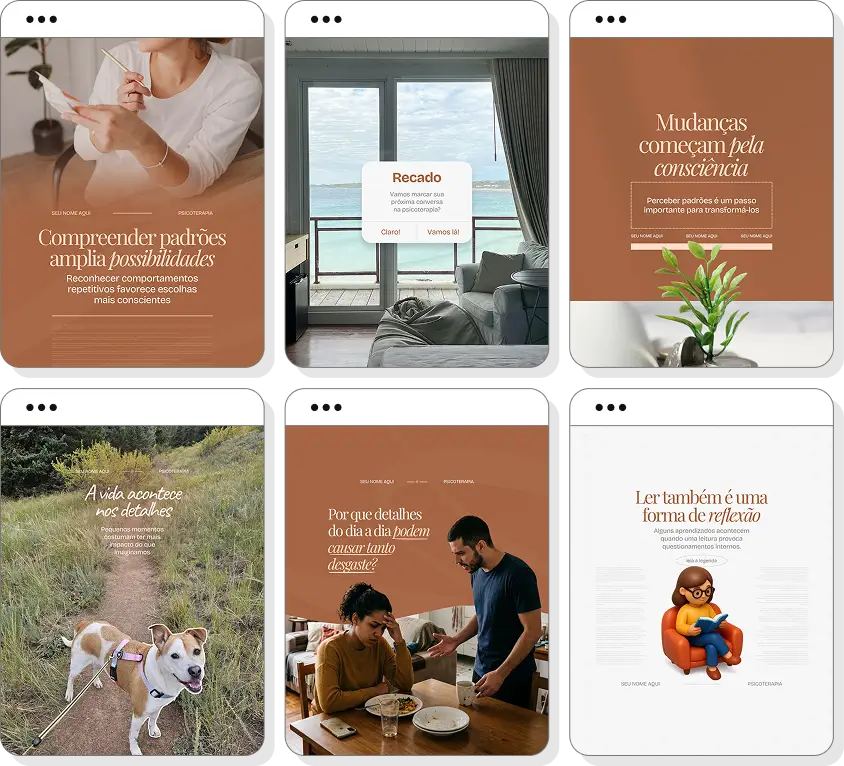 Pack de posts editáveis para Instagram psicoterapia com foco em saúde emocional e autoconhecimento