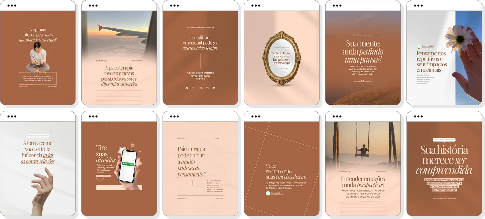 Pack Canva psicoterapia com ideias de posts para Instagram de saúde mental e autocuidado