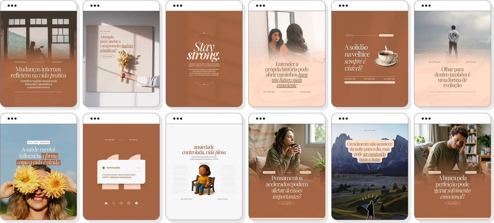 Pack Canva psicoterapia com ideias de posts para perfil de Instagram sobre emoções e autoconhecimento