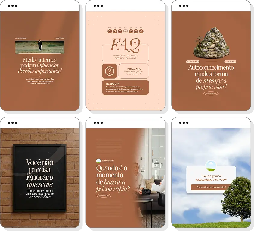 Posts editáveis psicoterapia com pack de templates para Instagram de saúde emocional