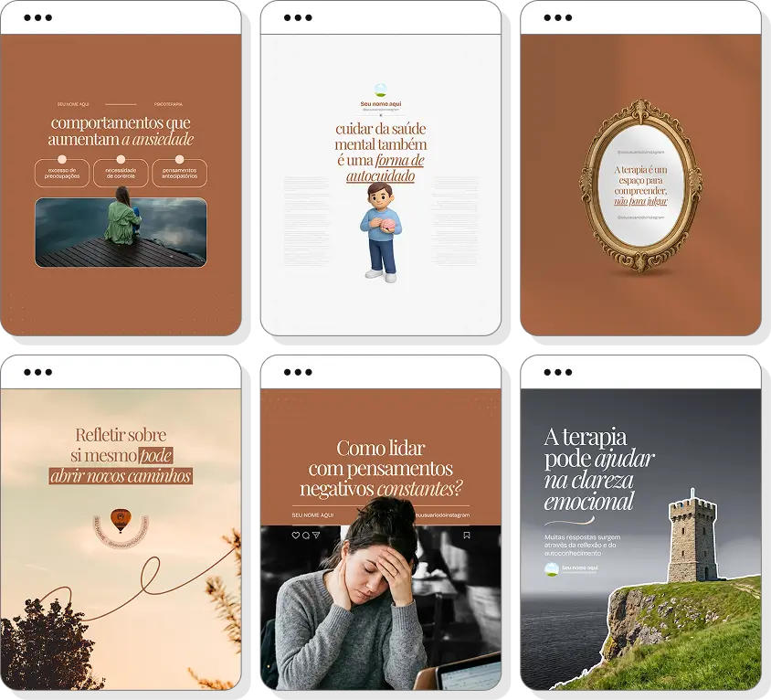 Pack de posts editáveis psicoterapia com foco em emoções, autoconhecimento e equilíbrio emocional