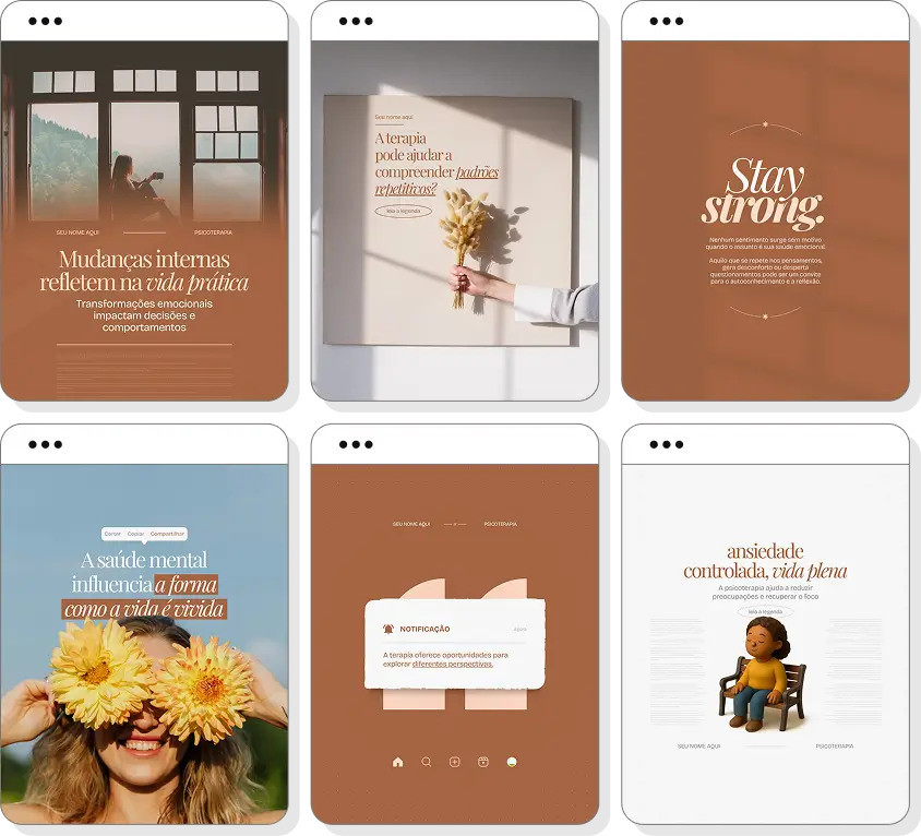 Pack de posts para Instagram psicoterapia com artes editáveis sobre saúde mental e emoções