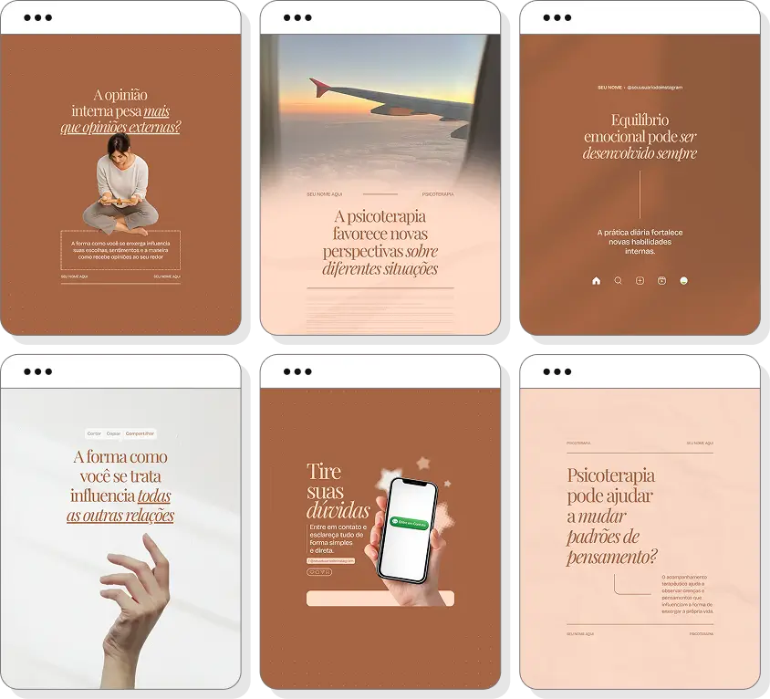Pack de psicoterapia com posts para Instagram de autoestima, emoções e desenvolvimento emocional