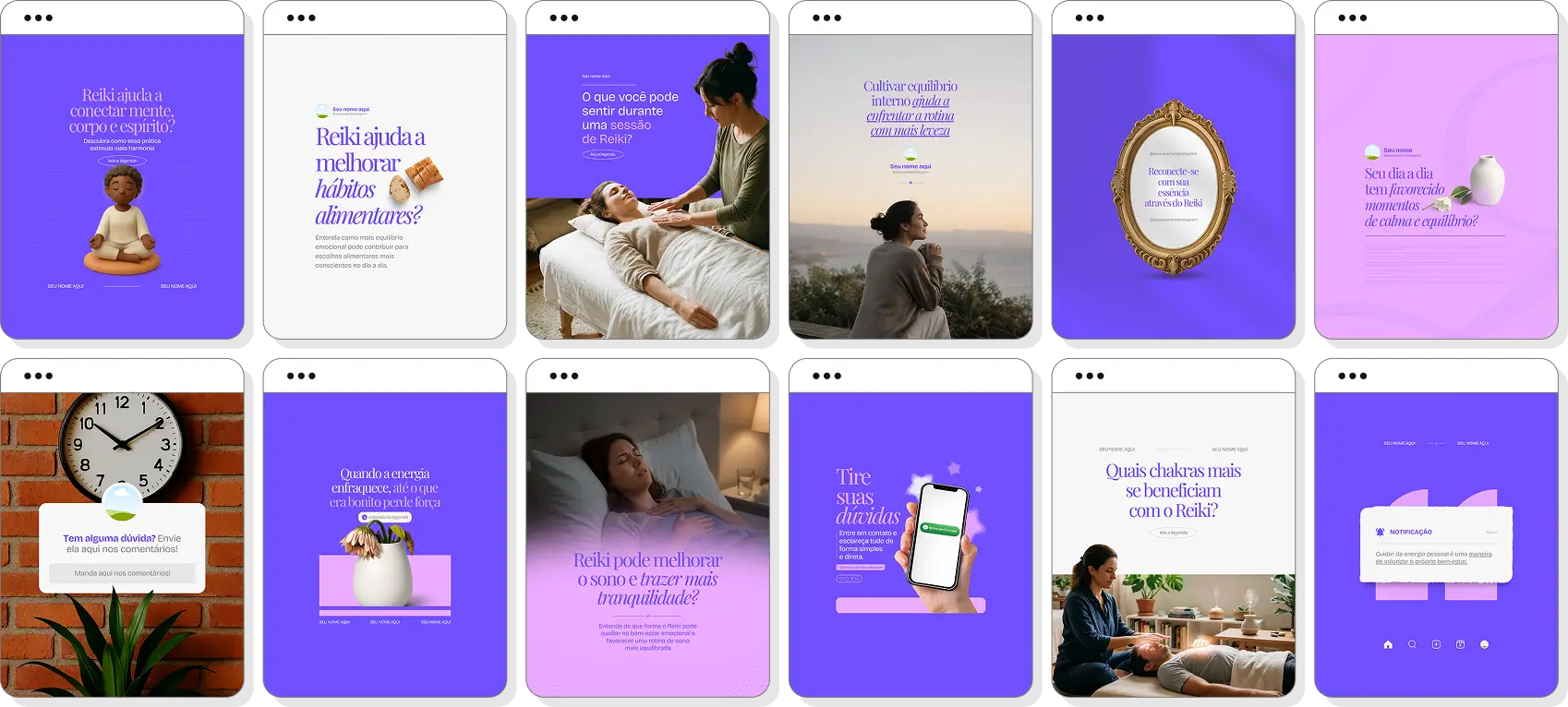 Social media para reiki com pack de posts para Instagram de equilíbrio e bem-estar