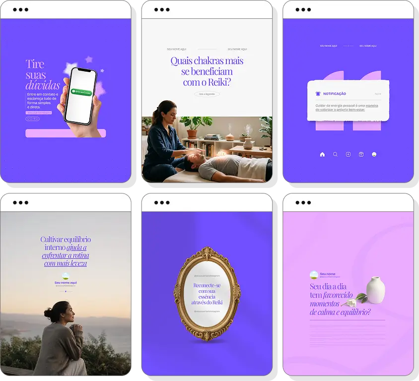 Pack Canva reiki com conteúdos para Instagram de energia, harmonia e autoconhecimento