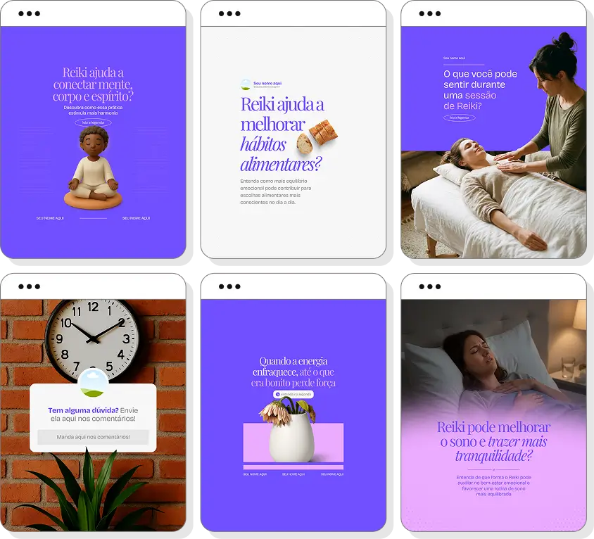 Pack de posts reiki com templates para Instagram de harmonia, energia e relaxamento