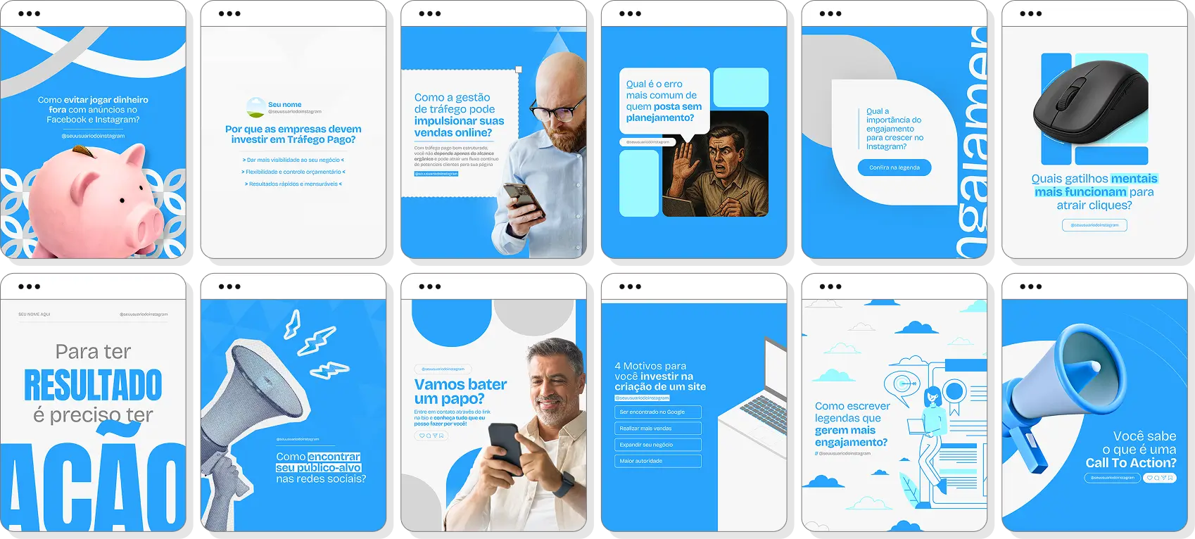 Pack de posts editáveis social media com Instagram de marketing digital e criação de conteúdo