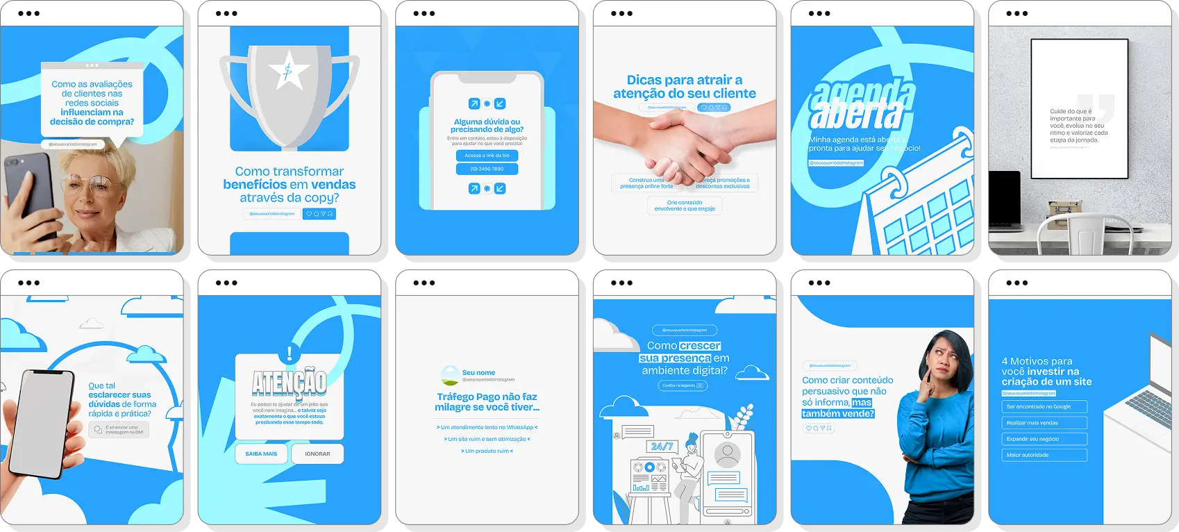 Ideias de post para social media com pack de conteúdo para Instagram sobre marketing e conteúdo