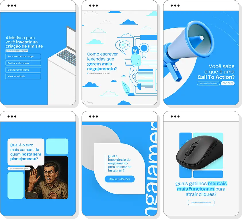 Pack de posts para social media com templates no Canva para Instagram sobre marketing digital e criação de conteúdo