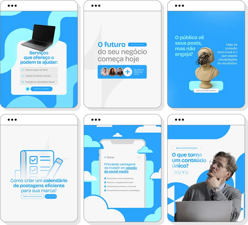 Pack Canva social media com ideias de posts para perfil de Instagram profissional e estratégico