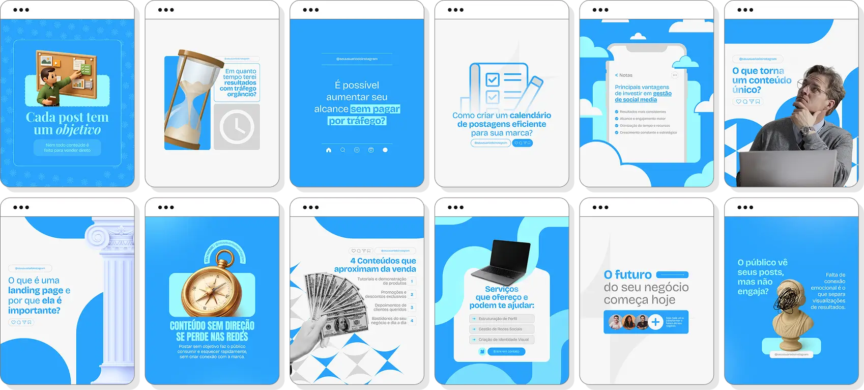 Pack Canva social media com posts para Instagram de estratégias digitais e produção de conteúdo