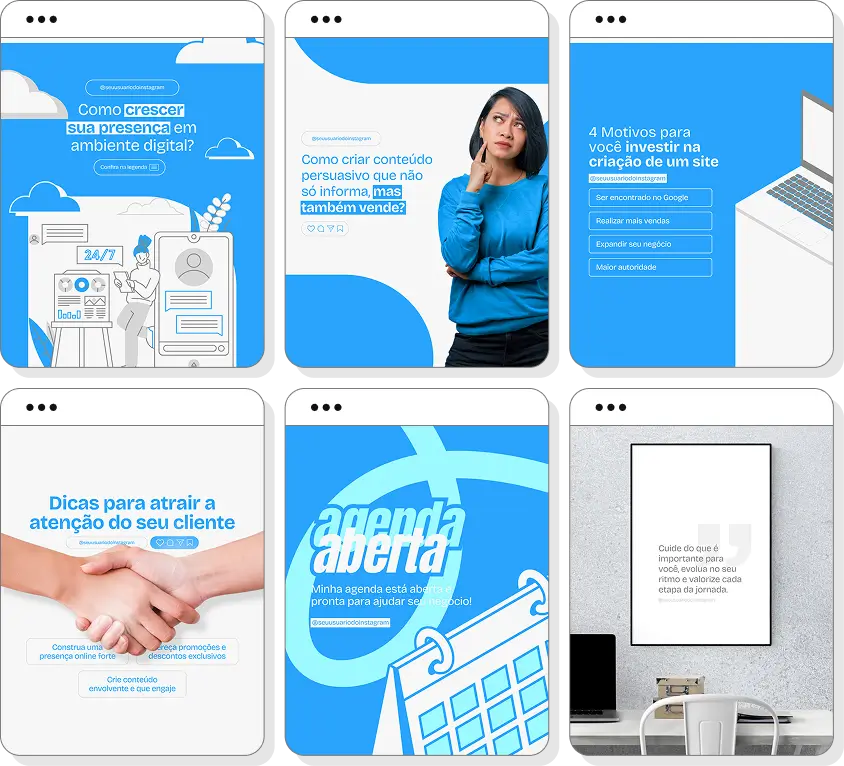 Pack social media Canva com conteúdos para Instagram de marketing, engajamento e posicionamento