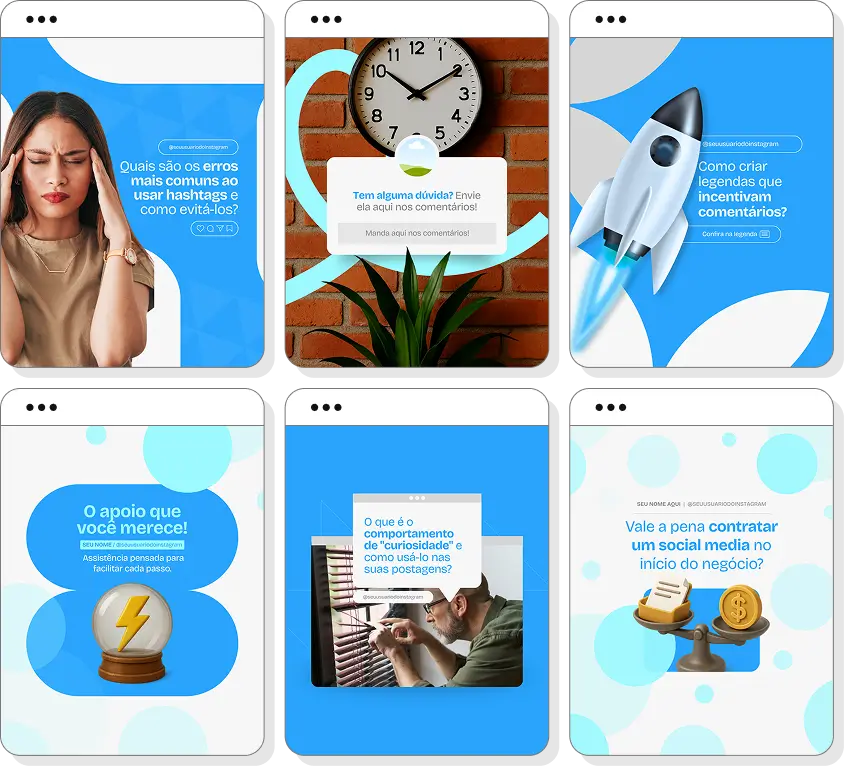 Pack de posts editáveis social media com foco em conteúdo para Instagram e posicionamento digital