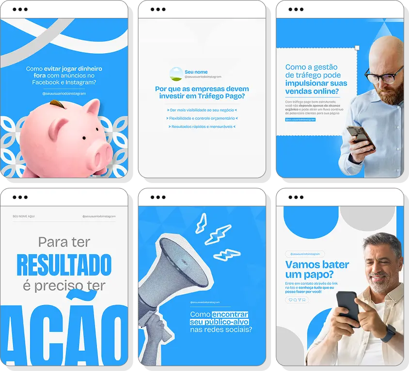 Social media pack com conteúdos para Instagram de marketing digital e crescimento nas redes sociais