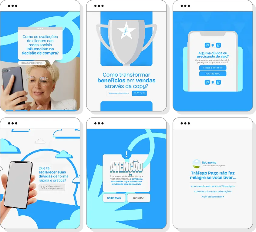 Pack de posts para Instagram social media com artes editáveis sobre redes sociais e conteúdo