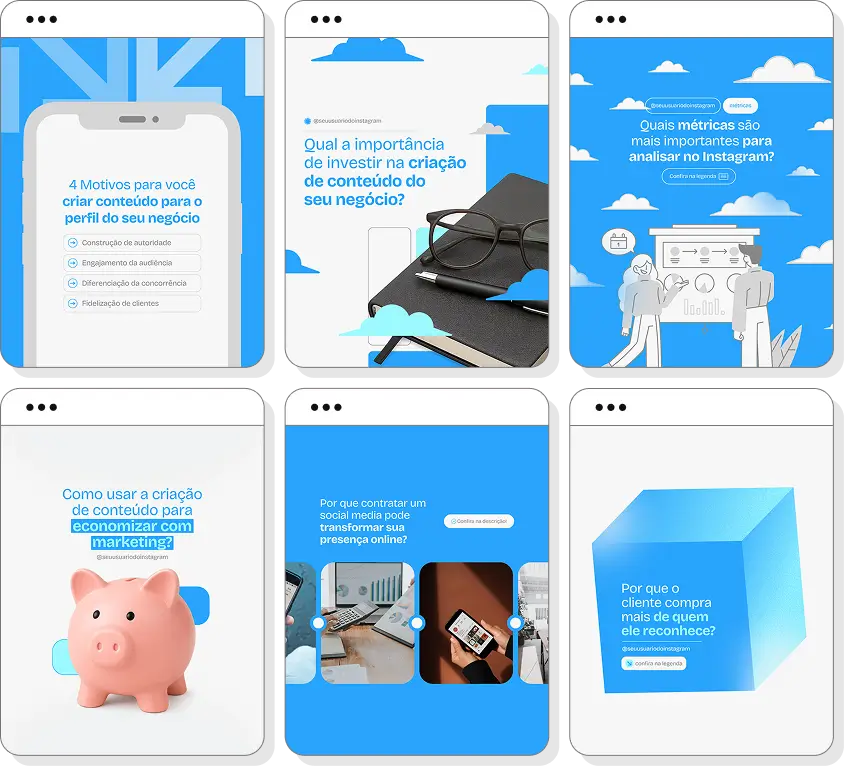 Posts para perfil de social media no Instagram com templates Canva sobre conteúdo e marketing digital