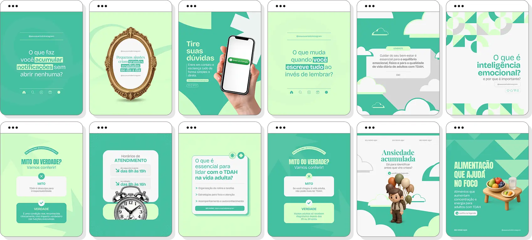 Pack de TDAH adulto com conteúdos editáveis para Instagram de autoconhecimento e organização