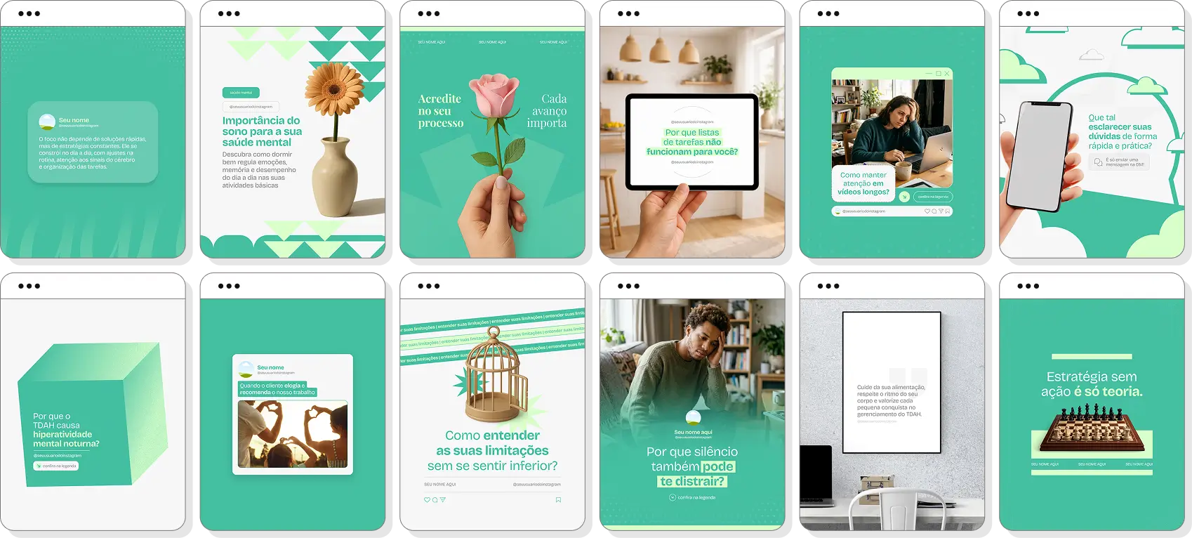 Ideias de post para TDAH adulto com pack de conteúdo para Instagram sobre foco e organização