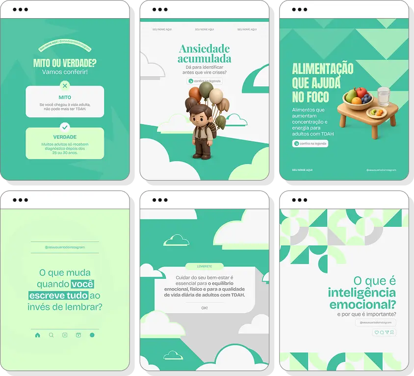 Pack de posts para TDAH adulto com templates no Canva para Instagram sobre atenção, rotina e qualidade de vida