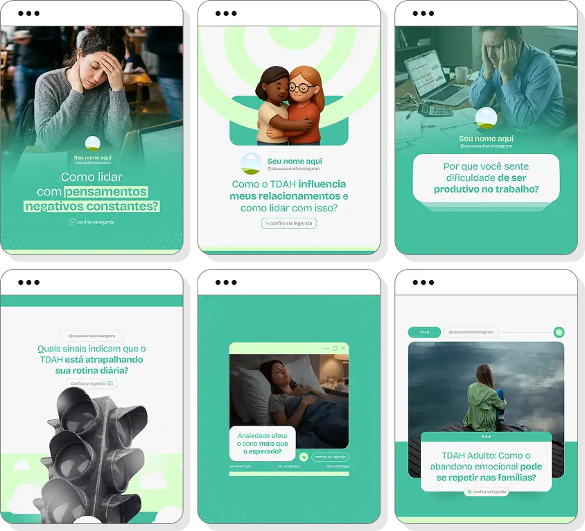 Social media TDAH adulto com pack de posts para Instagram de rotina, foco e qualidade de vida
