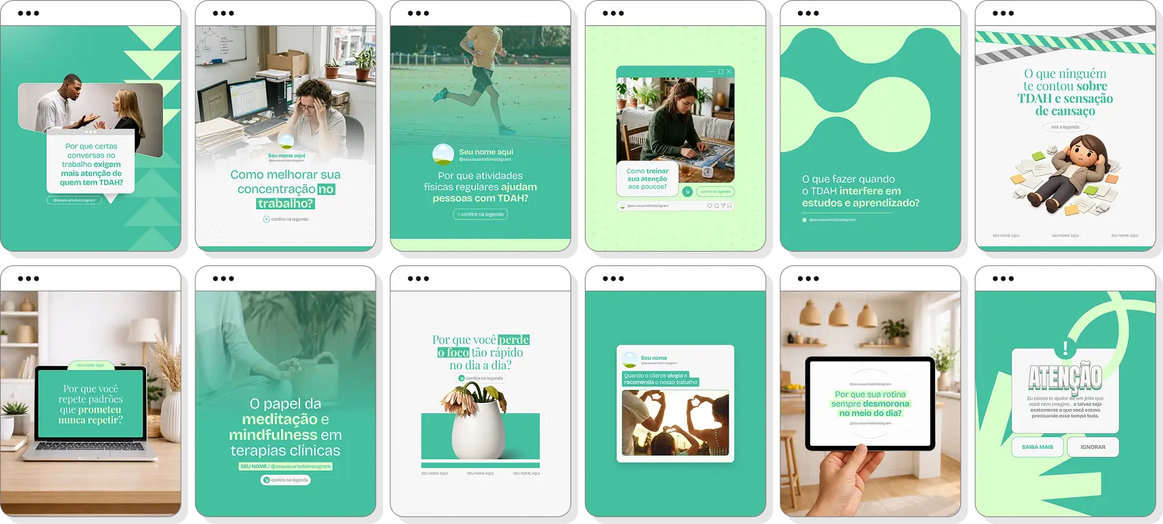 Pack Canva TDAH adulto com posts para Instagram de foco, hábitos e qualidade de vida