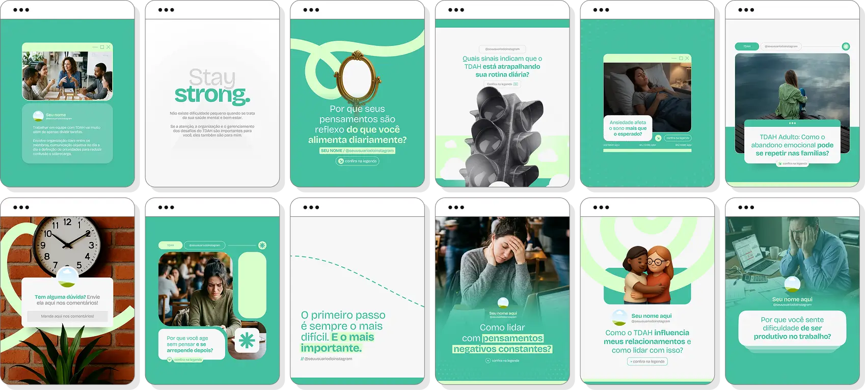 Social media para TDAH adulto com pack de posts editáveis no Canva para Instagram profissional