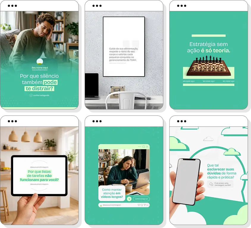 Pack social media TDAH adulto com conteúdos para Instagram de atenção e desenvolvimento pessoal