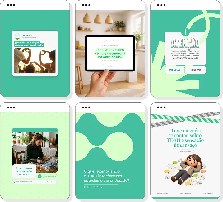 Pack de posts editáveis TDAH adulto com foco em produtividade, organização e bem-estar emocional