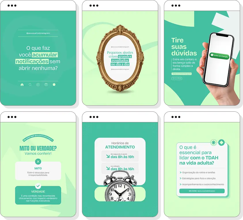 Pack Canva TDAH adulto com ideias de posts para perfil de Instagram sobre atenção e organização