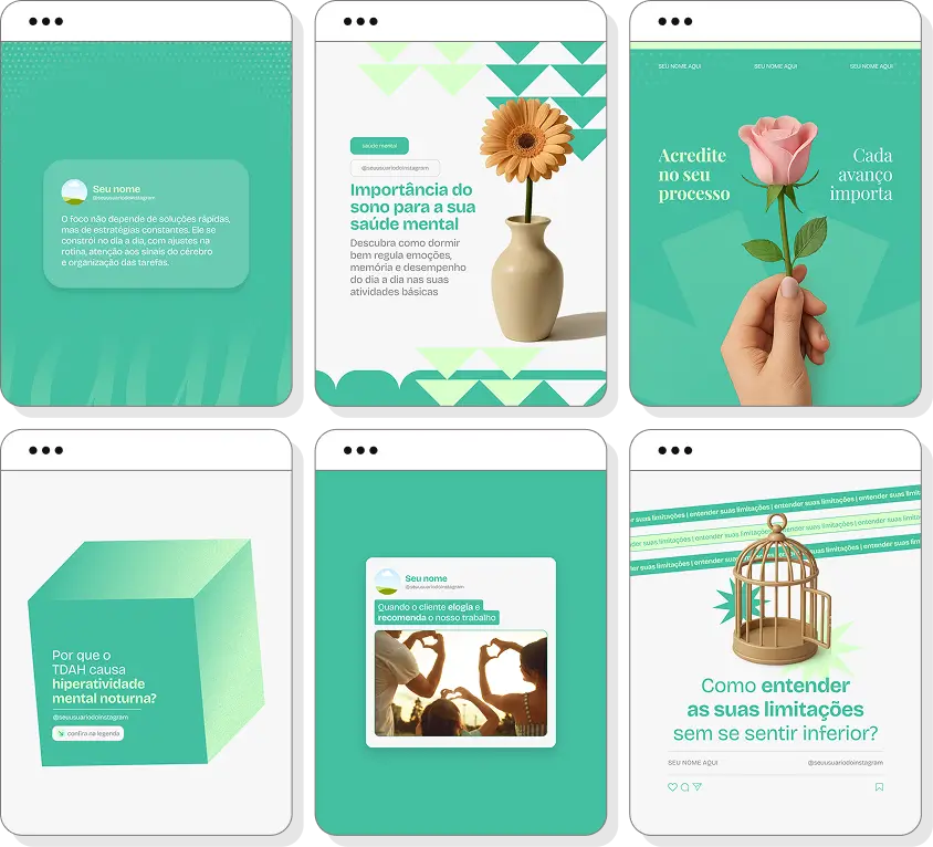 Pack de posts para Instagram TDAH adulto com artes editáveis sobre foco e organização pessoal