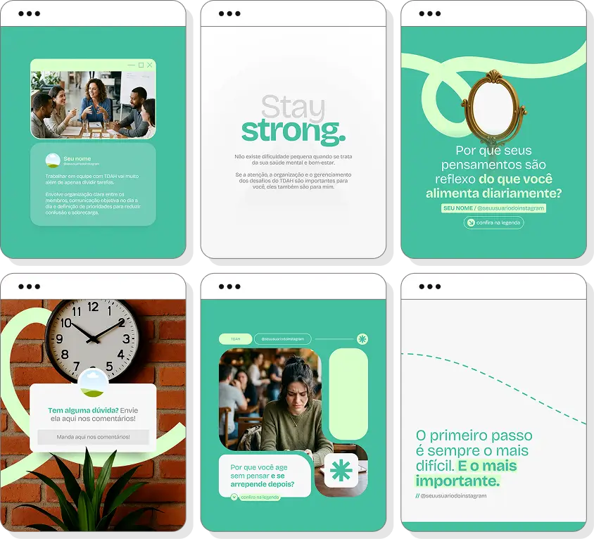Pack Canva TDAH adulto com posts para Instagram de produtividade e gestão da rotina diária