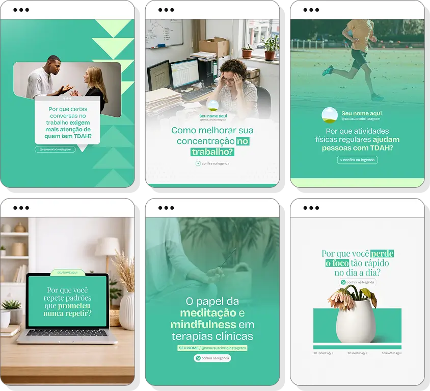 Posts para perfil de TDAH adulto no Instagram com templates Canva sobre rotina e produtividade