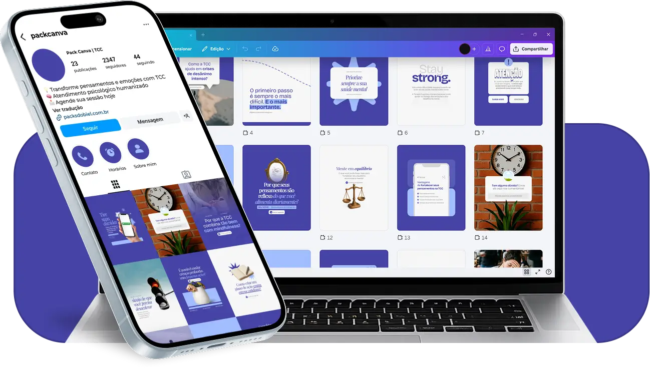 Pack Canva terapia cognitivo comportamental com ideias de posts para perfil de Instagram sobre TCC