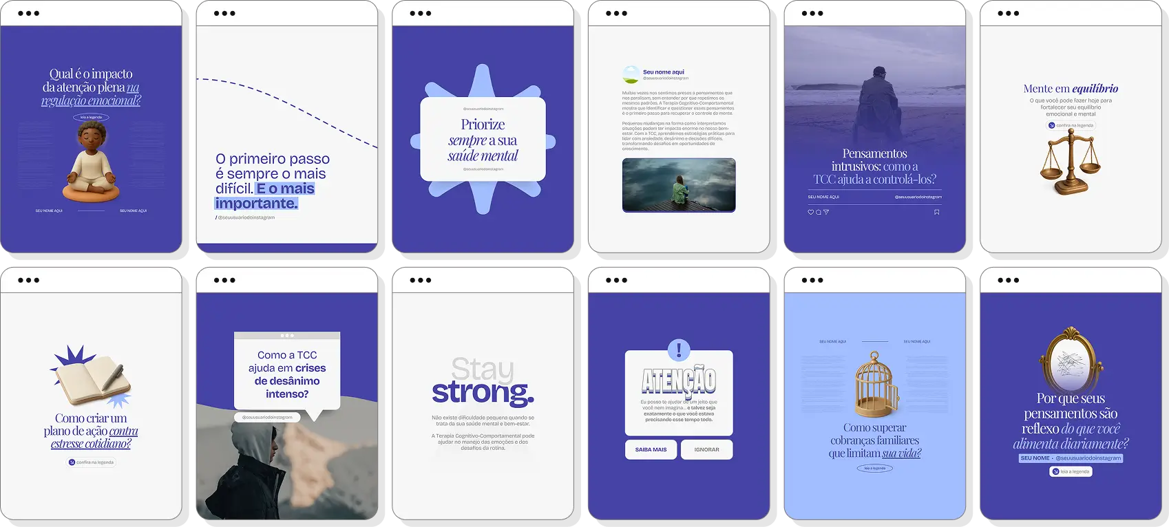 Posts para perfil de terapia cognitivo comportamental no Instagram com templates Canva sobre TCC