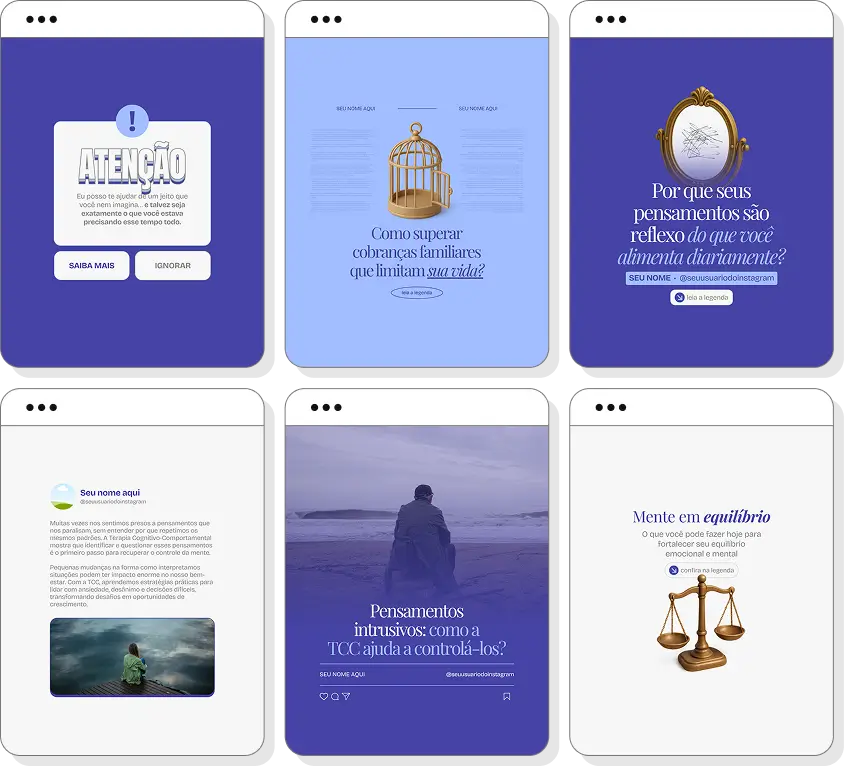 Pack Canva terapia cognitivo comportamental com posts para Instagram de pensamentos e emoções