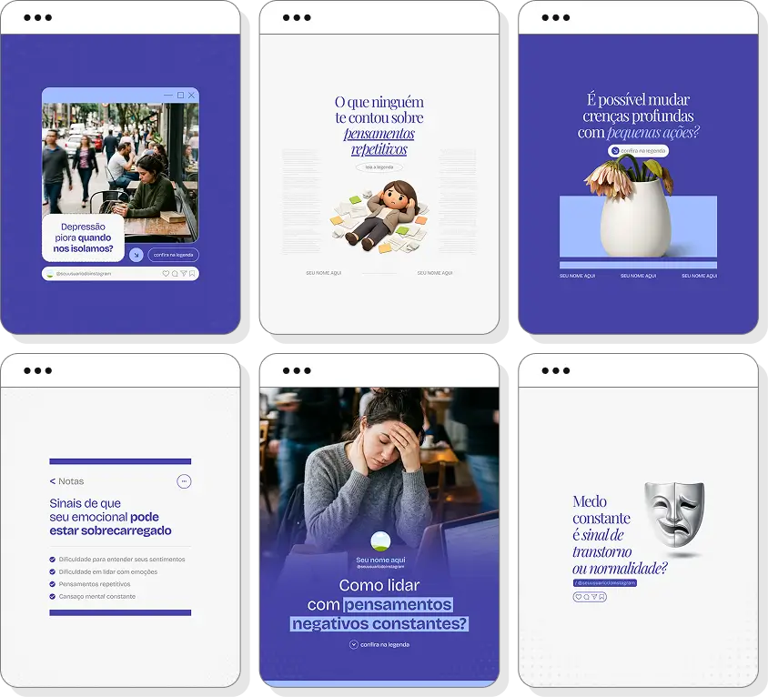 Pack social media terapia cognitivo comportamental com conteúdos para Instagram de TCC e bem-estar