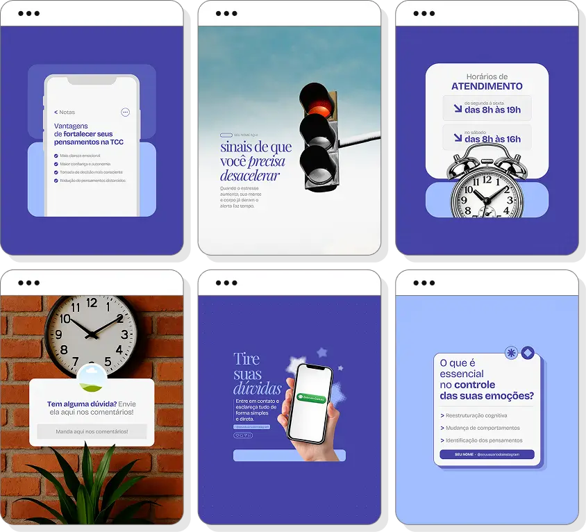 Pack de posts para Instagram terapia cognitivo comportamental com artes editáveis sobre TCC e emoções