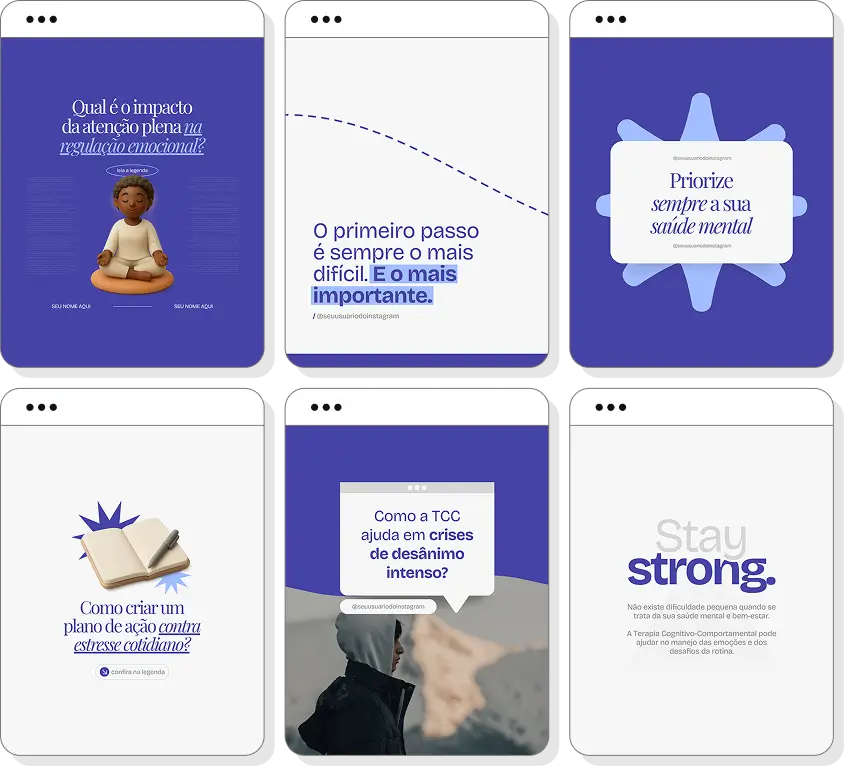 Pack de terapia cognitivo comportamental com conteúdos editáveis para Instagram de TCC e comportamento