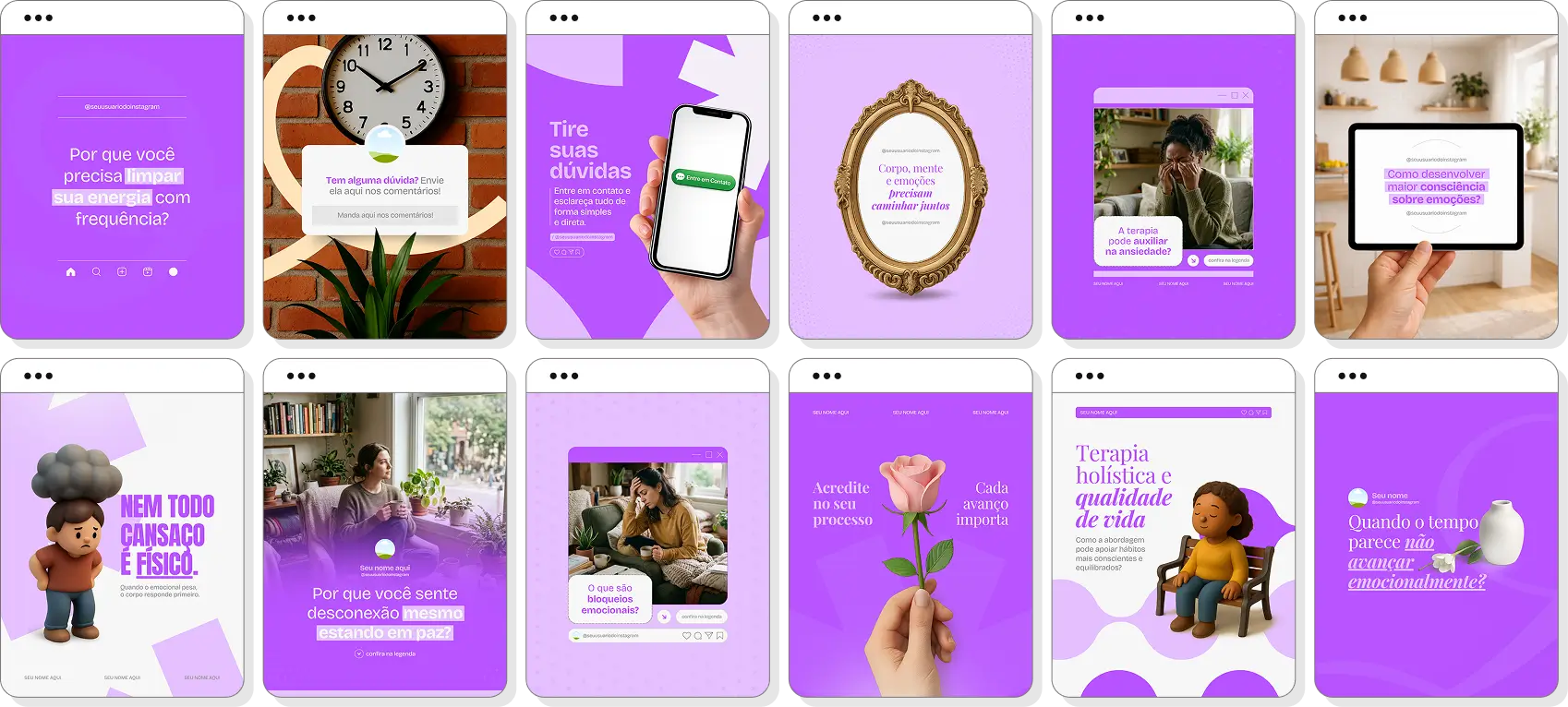 Social media para terapia holística com pack de posts editáveis no Canva para Instagram profissional