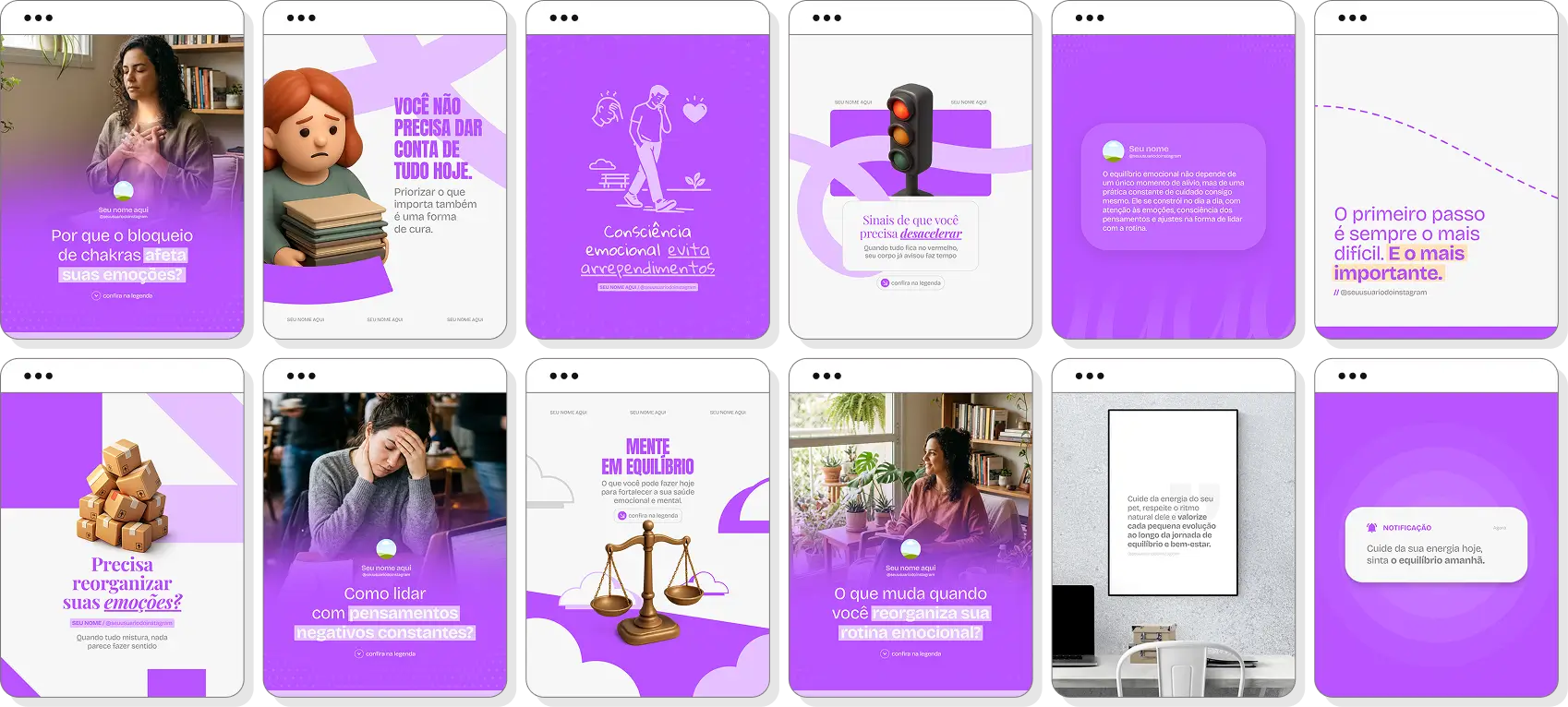 Pack de posts para terapia holística com ideias de conteúdo para Instagram de autocuidado e energia