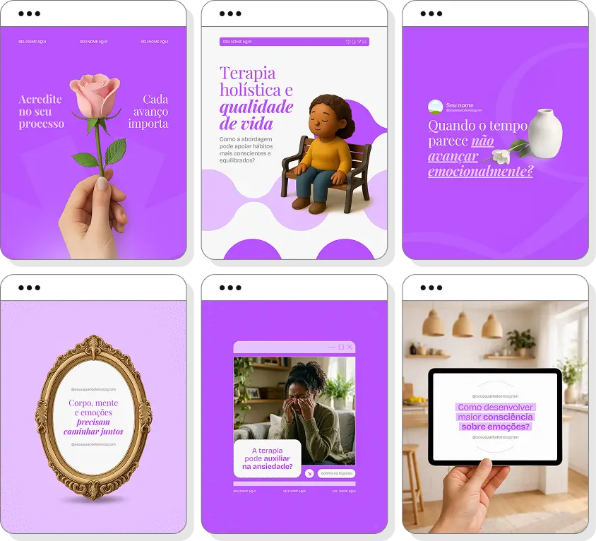 Social media terapia holística com pack de posts para Instagram de autocuidado e bem-estar