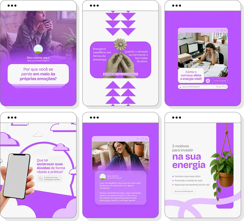 Pack de posts editáveis terapia holística com foco em saúde integrativa e desenvolvimento pessoal