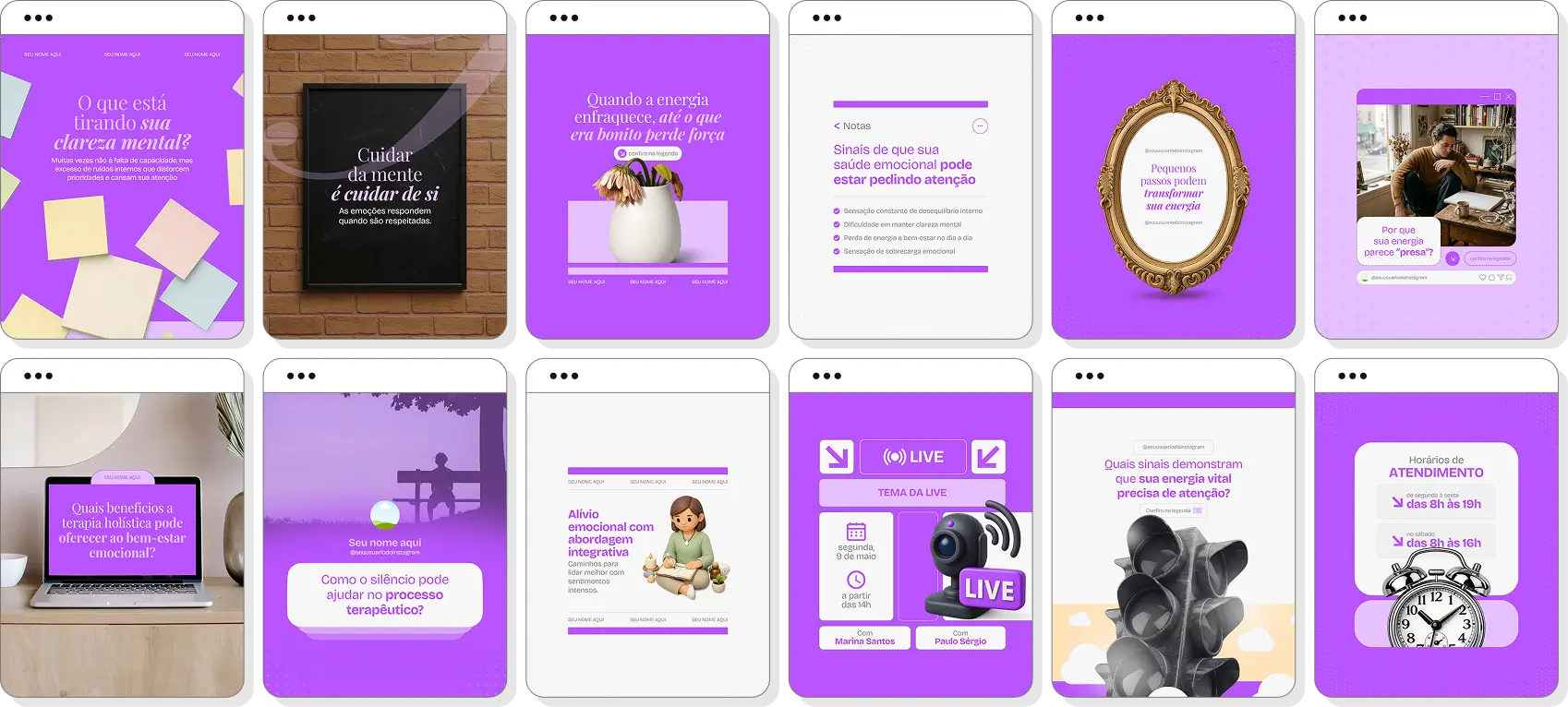 Pack social media terapia holística com templates para Instagram de equilíbrio e qualidade de vida