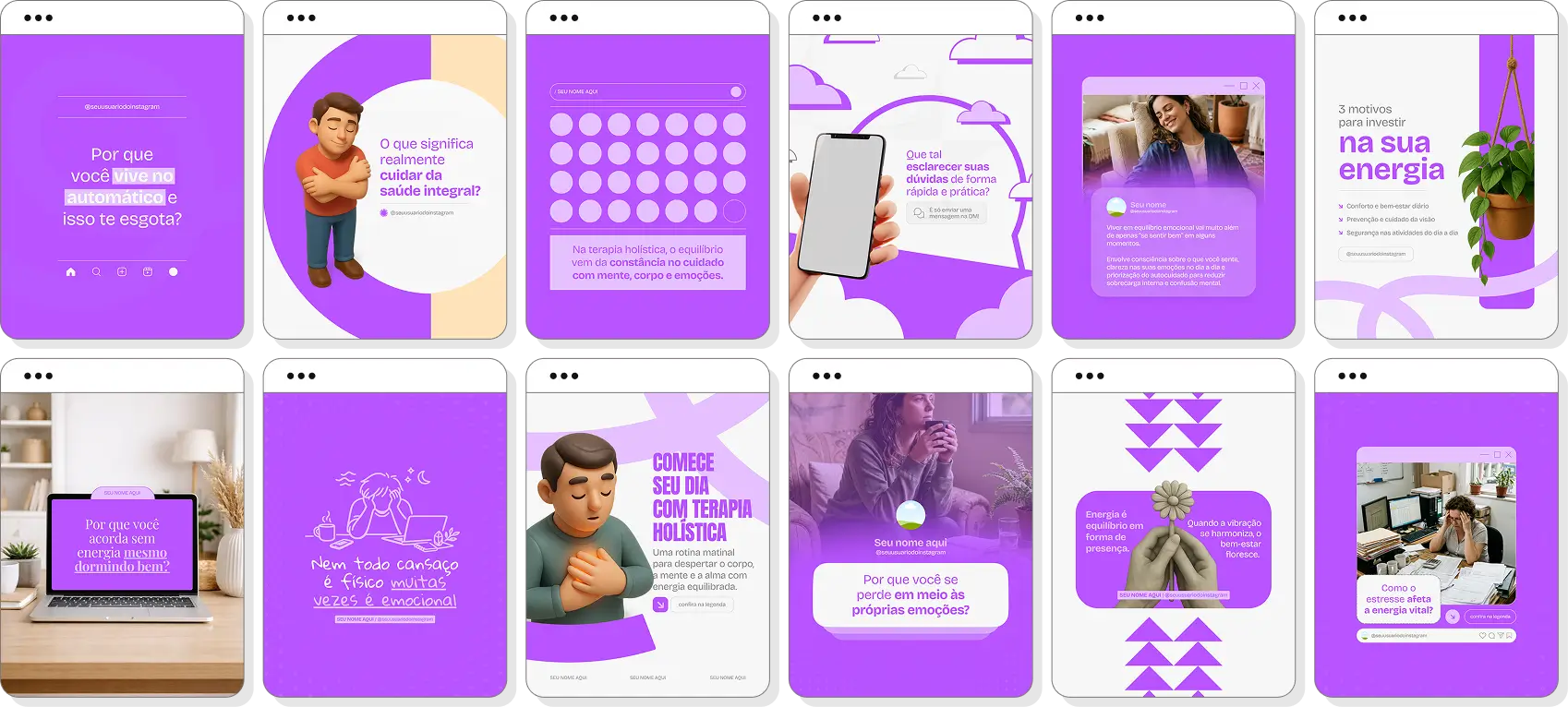 Posts para Instagram terapia holística com pack de templates Canva para terapeutas holísticos