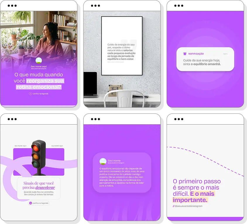 Posts para perfil de terapia holística no Instagram com templates Canva sobre autoconhecimento e harmonia