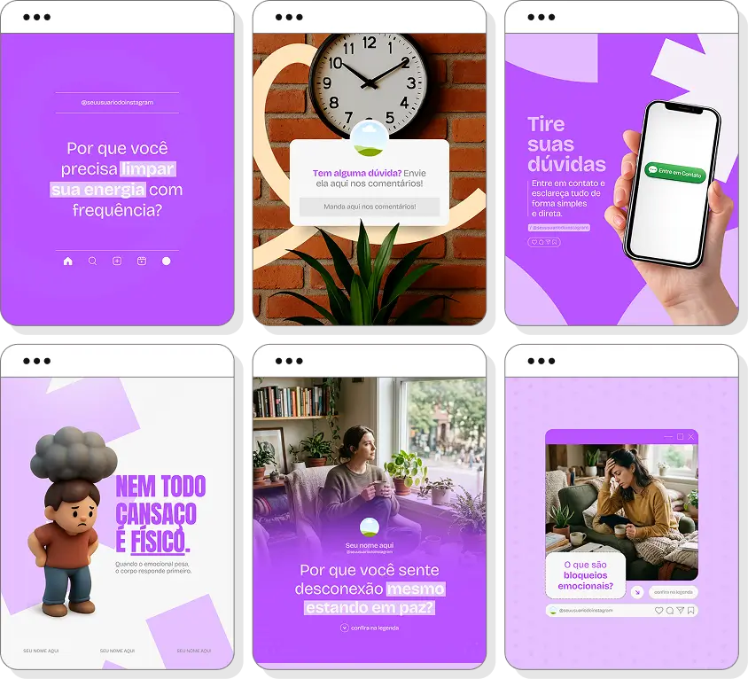 Pack de posts para Instagram terapia holística com artes editáveis sobre bem-estar e equilíbrio interior